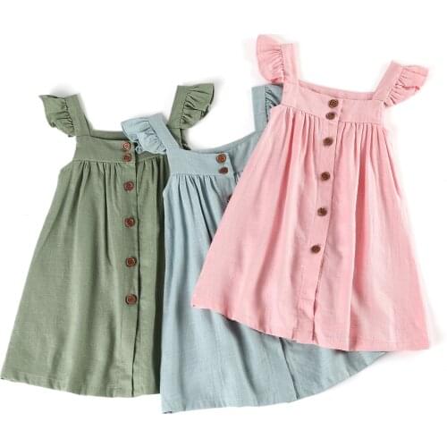Summer Best Selling Boutique Button Cotton Linen Blank Little Girls Children Dresses