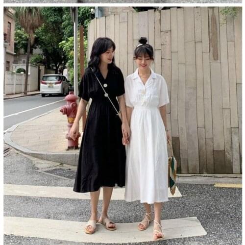 Summer Autumn Dresses Harajuku Single Breasted Notched Collar Preppy Style Student A-Line Shirt Dress Mori Girl Long White Dress