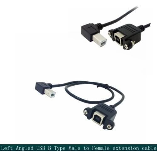 90 Degree Left Angled USB B Type Male to Female Extension 50cm Cable with Screws for Panel Mount