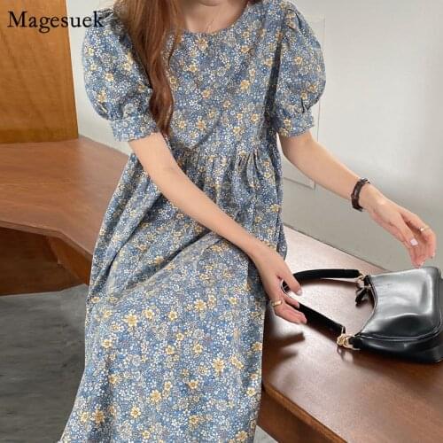 Vintage Loose Long Print Floral Dress Women Summer 2021 Chic Round Collar Blue Dress Party High Wais Sundress Midi Dresses 14539