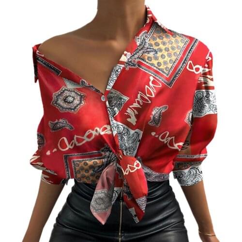 2021 Spring Casual Loose Off-shoulder Shirt Digital Printing Knot Female Long Sleeve Elegant Floral Print Blouses for Vacation