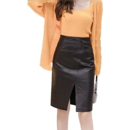 Long Pu Leather Skirt 2020 Autumn Winter Women OL Elegant Pencil Midi Skirts High Waist Black PU Skirt Office Ladies Female S504