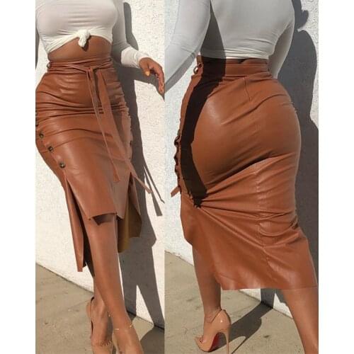 Women Sexy Bandage PU Leather Party High Waist Skirts Fashion Solid Faux Leather Side Button Skirt Casual Bodycon Split Skirts