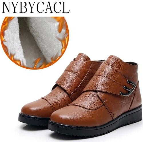 Autumn Winter Genuine Leather Ankle Boots Women 2021 Flat Low Heel Hook Loop Round Toe Buckle Warm Leather Ladies Boots