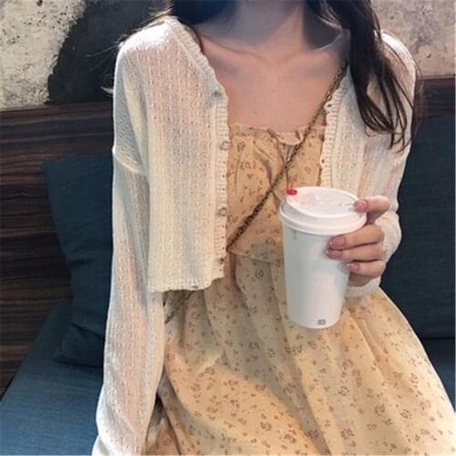 Women Cardigan Summer Sun Protection Simple Casual Crop Tops V-neck Long Sleeve Knitted Outwear Elegant Female All-match Vintage