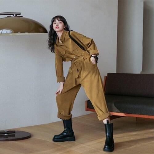 Women 2021 Spring Autumn New Elegant Corduroy Jumpsuit Female Romper Ladies Overalls Single-breasted Long Sleeve Jumpsuit F250