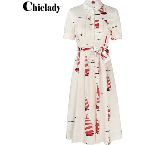 CHICLADY designer style beige geometric pattern printed single breasted midi dresses for women elegant work clothing bow sashes