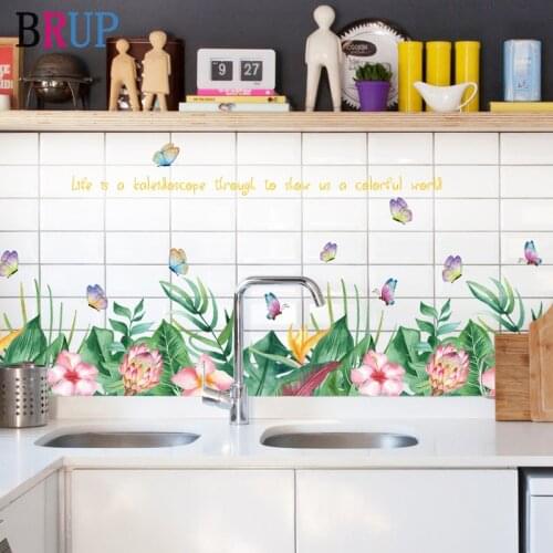 126*50cm Flower Grass Baseboard Art Kitchen Wall Sticker Butterfly Home Decor Nordic Style Room Decoration Waterproof Removable