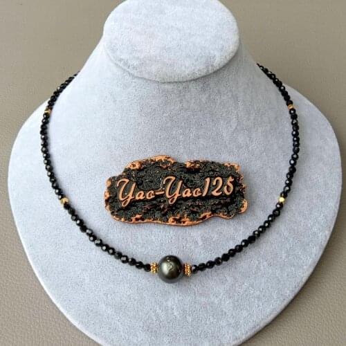 18" Natural 4mm Faceted Black onyx round Genuine Tahitian Pearl choker Necklace