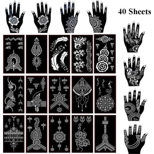 40 Sheets Self-adhesive Henna Tattoo Stencils Set Mehndi Template for Tattoo Body Art Painting Indian Arabian Airbrush Tattoos