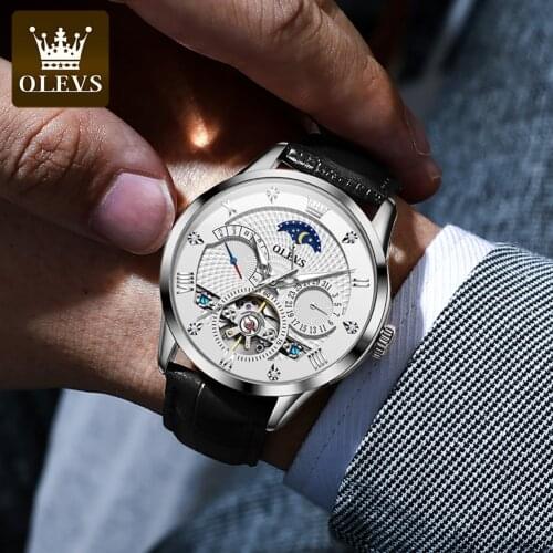 OLEVS Men Watch Tourbillon Automatic Self Wind Watch Mechanical Classic Hollow Waterproof Luminous Leather Band Wrist Watches