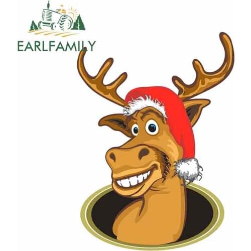 EARLFAMILY 13cm x 9.6cm for Reindeer with Santa Claus Hat Cartoon Car Stickers Vinyl JDM Bumper Trunk Truck Graphics Fine Decal