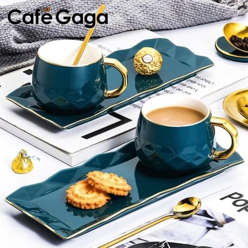 European Luxury Style Ceramic Coffee Cup with Saucer Spoon Afternoon Tea cup Set Tea Soy Milk Breakfast Mugs Dessert Plate