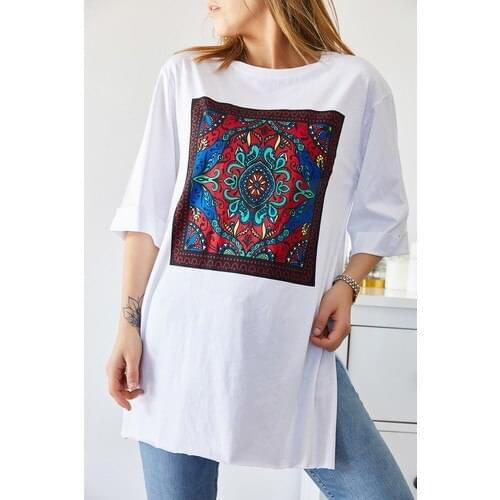 Ethnic Printed Boyfriend Slits Tshirt Regular женская футболка 2021 Summer Clothes белый