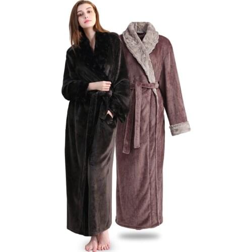 Women Men Elegant fur Thickening Flannel Extra Long Thermal Bathrobe Winter Kimono Warm Bath Robe Dressing Gown Plus Size Robes