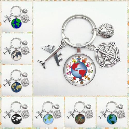Creative New Airplane Compass Earth Keychain Multi World Earth Pattern Convex Round Glass Pendant Keychain Friendship Gift