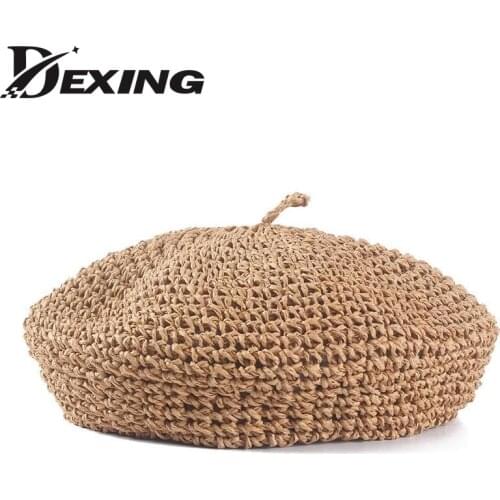 Spring Summer Womens Beret Straw Hat Beret Retro Literary Pure Color Painter Hat