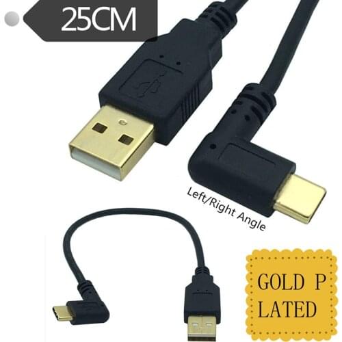 Left & right Angled 90 Degree Gold-plated USB3.1 type-c USB Male to USB male Data Charge connector Cable 25cm for Tablet phone