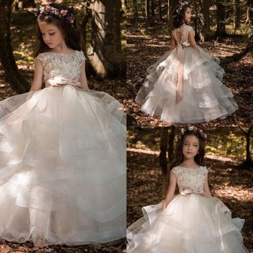 New flower girl dress Elegant champagne lace Applique sleeves Cascading children Pageant clothes For weddings First Communion