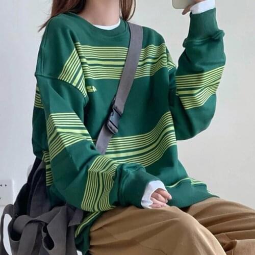 Autumn Hoodies Stripe thin Sweatshirt Streetwear Women Harajuku Oversized Pullovers Korean Fashion cotton Long Sleeve green Tops