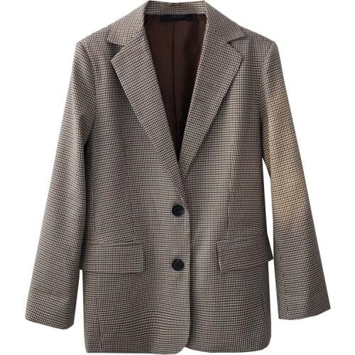 2020 Autumn Turn Down Collar Plaid Blazer Khaki Color Ladies Coat Casaco Feminino Tops For Women