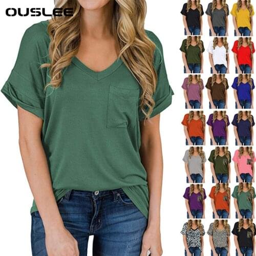 Ouslee Summer Casual Solid Color T-Shirt Pocket Women Tee Shirts Plus Size Tops Short Sleeve Harajuku Ladies Women Clothings