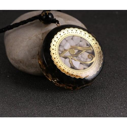 Chip Stone Black Obsidian White Howlite Energy Pendant Necklace Round Crystal Resin Orgonite Necklace Men Women Reiki Suspension