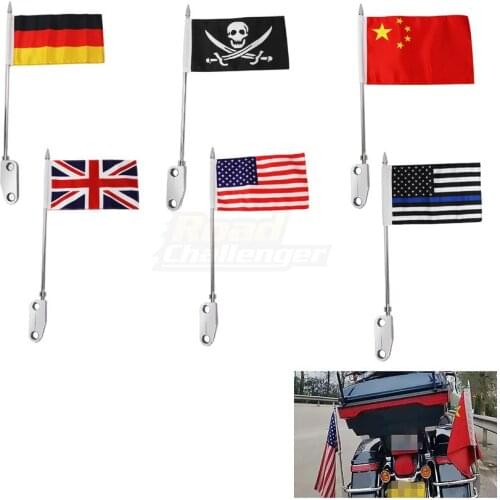 Silver Motorcycle Country Flags Pole Holder Carrier Luggage Rack Mount Kit For Harley Touring Electra Glide Road King FLHR Model