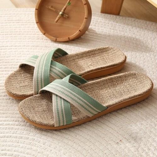 Female Indoor Slippers Summer Breathable Linen Non-slip Home Bedroom Floor Woven Cotton Women Shoes Big Size Unisex Slides