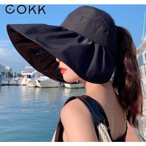 COKK Summer Hat Women Butterfly Printing Big Brim Outdoor Sunscreen Uv Protection Foldable Empty Top Sun Hat Female Travel Beach
