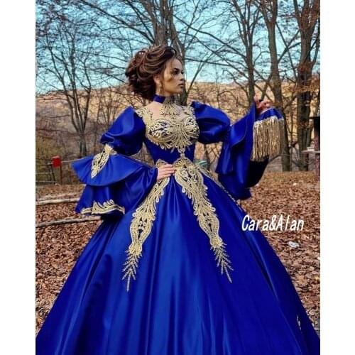 Traditional Royal Blue Evening Dresses Long Sleeevs Sweetheart Ball Gown Prom Dress Party Wear Vestidos De La Celebridad