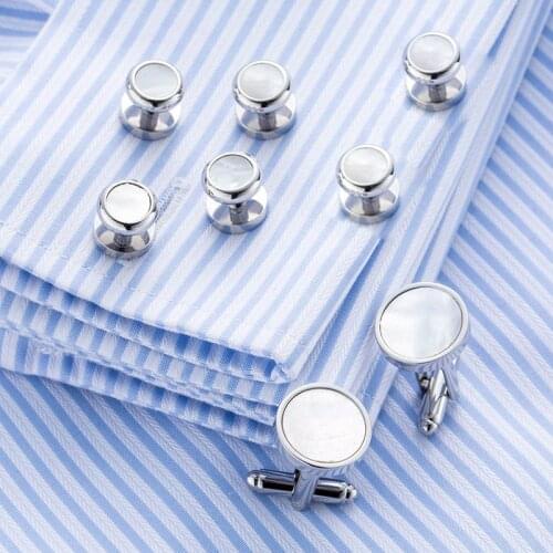 Natural Pearl Shell Cufflinks for Mens Tuxedo Shirt Top Brass Cuff Links Buttons Collar Studs Set Man Wedding Jewelry Z729