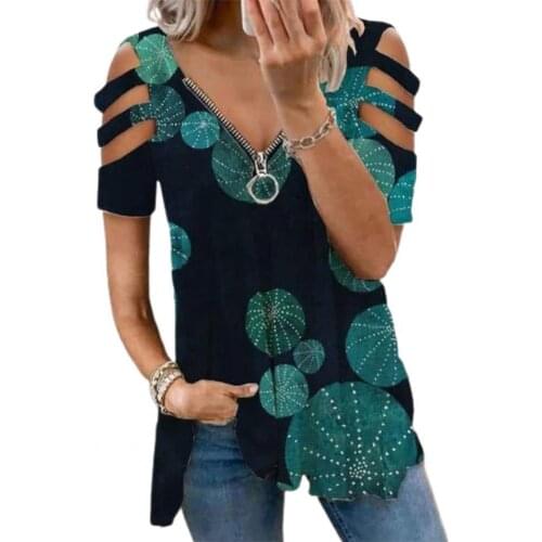 Stylish Women Leisure T-shirt Zipper V Neck Hollow Short Sleeve Printed Loose Blouse Top for Office Streetwear