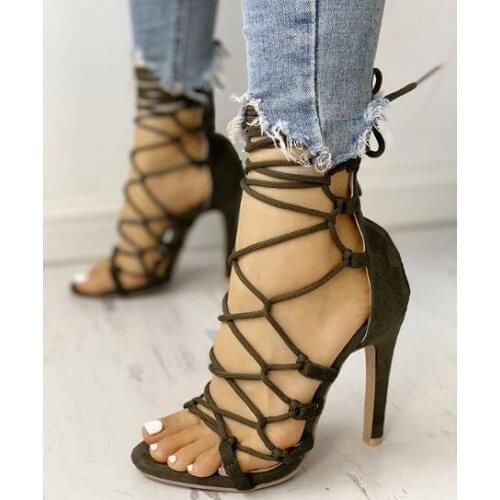 Dipsloot Hot Summer Woman Cross Lace Up Cage Rope Sandals Red Green White Pink Gladiator Thin Heel Sexy Party Sandals Shoes