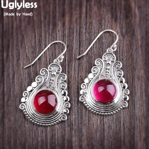 Uglyless Exotic Women Water Drop Earrings Solid 925 Sterling Silver Brincos Vintage Patterns Party Dress Earrings Gemstone E1475
