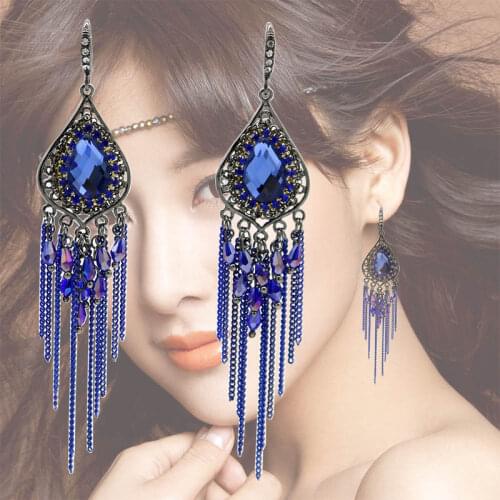 Vintage Ethnic Tassel Earrings 3 Colors Metal Chain Rhinestone Crystal Drop Long Earrings For Women Fashion Jewelry