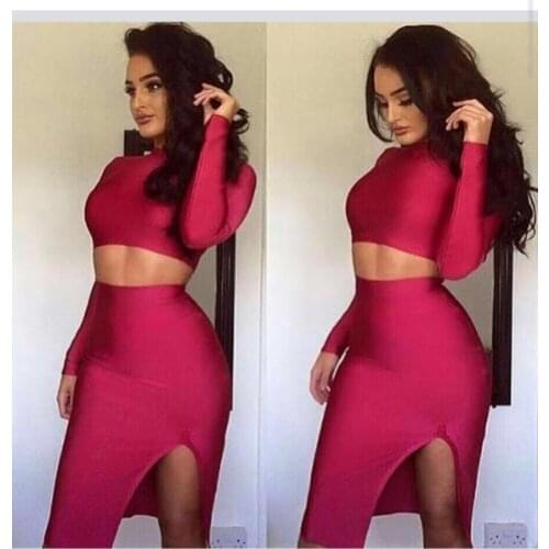 Wholesale women new red maroon long sleeve two piece set sexy bodycon celebrity party club dresses vestidos bandage Dress
