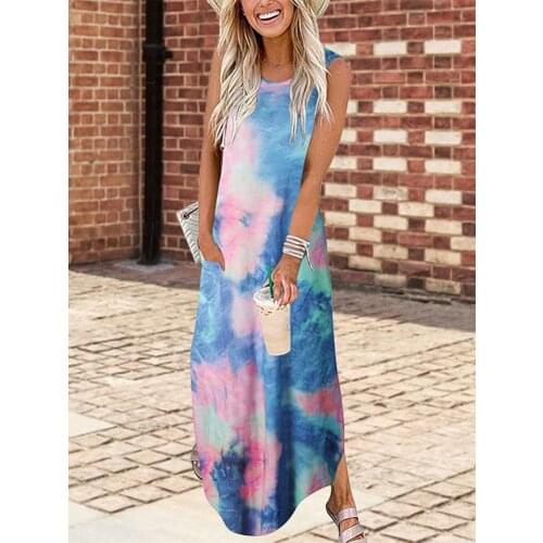 Tie-Dye Dresses Round Neck Sleeveless Split Loose Long Dress Ladies Print Mid Calf Dress O Neck Beach Wear Street Clothing