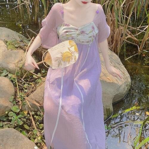 Purple Elegant Long Dress Women Printing Patchwork French Vintage Fairy Dress Female Summer Retro Backless Princess Dress 2021