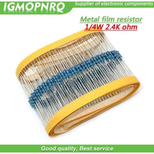 100pcs Metal film resistor Five color ring Weaving 1/4W 0.25W 1% 2.4K 2.4K ohm 2.4Kohm