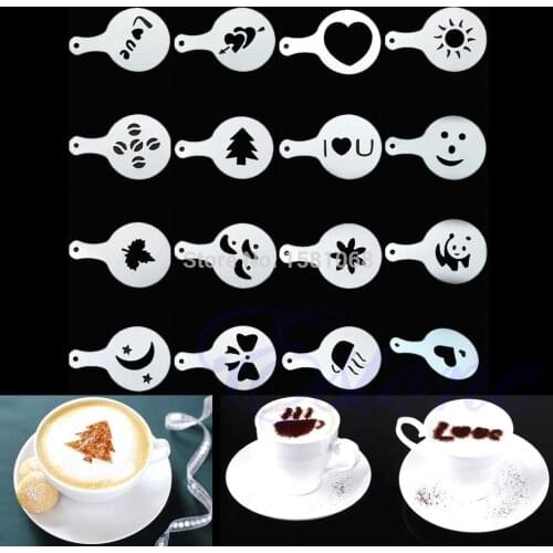 16Pcs Mold Coffee Milk Cake Cupcake Stencil Template Coffee Barista Cappuccino Template Strew Pad Duster Spray Tools