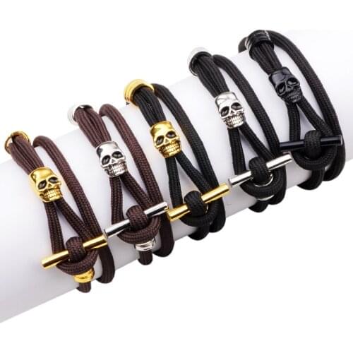 Fashion Punk Mens Good Alloy Skull Bracelet&Bangle Polyester Cord Chain Male Multilayer Accessories Jewelry Gift