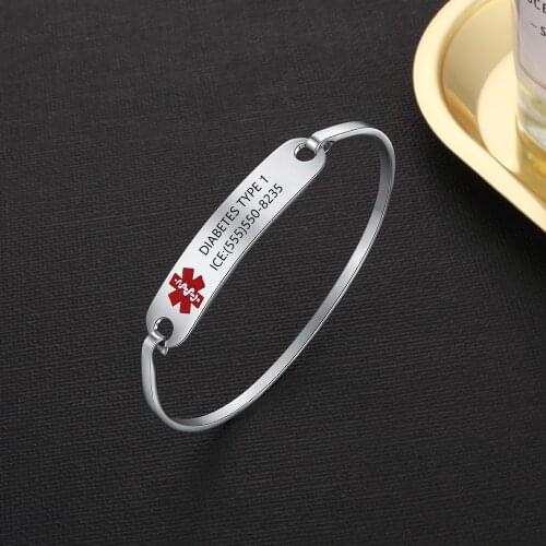 Free Engraving Stainless Steel Medical Alert ID Bangle Bracelet Catch Hook Oval Fit Emergency Wristband For Women Men