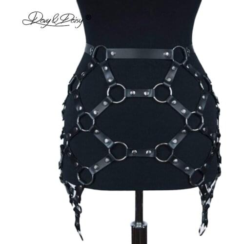 DAVYDAISY PU Leather Punk Skirts Metal Ring Belt Bandage Rave Skirts Body Harness Sexy Lingerie Costumes Nightclub Wear PA509