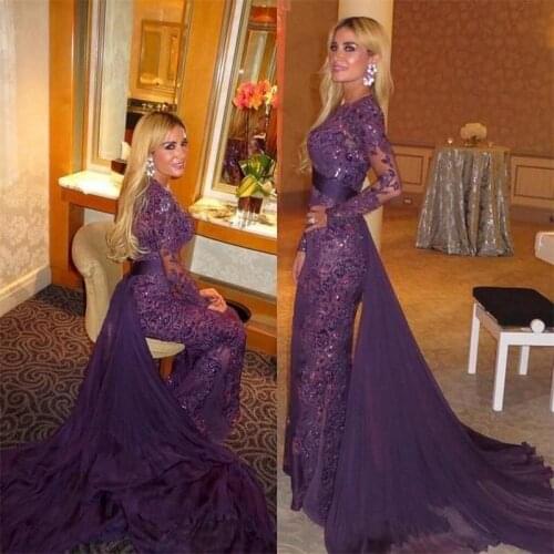 Purple Muslim Evening Dresses Mermaid Long Sleeves Lace Crystals Islamic Dubai Saudi Arabic Long Elegant Evening Gown