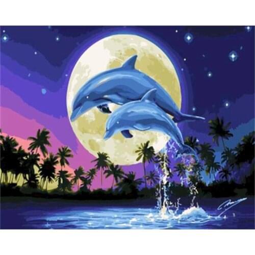 Painting Canvas Picture By Number Kit Wall Art Dolphin Sea Moon Night View Drill Painting Decor Home Room DIY for Kids & Adult