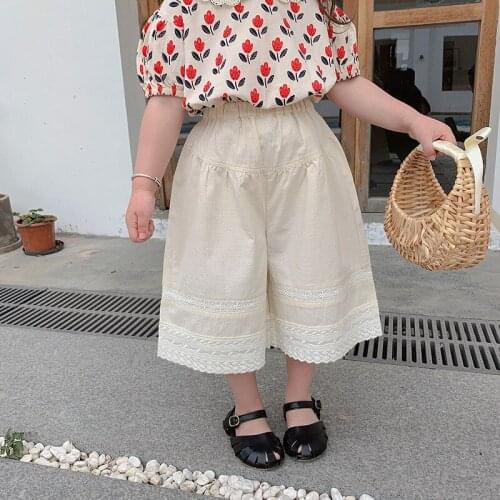 Korean Style 2021 Summer Baby Girls Wide Leg Pants Cotton Linen Loose Children Solid Color Trousers