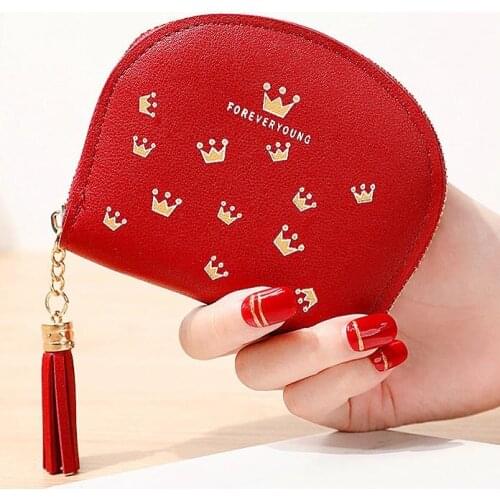 Short Lady Wallets Women Coin Purse Cards Holder PU Leather Brand Design Tassels Zipper Girls Moneybag Round Woman Crown Wallet