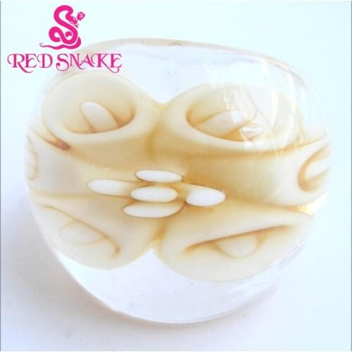 RED SNAKE Fashion Ring Handmade smoky yellow Morning glory flower drawing Transparent Murano Glass Rings
