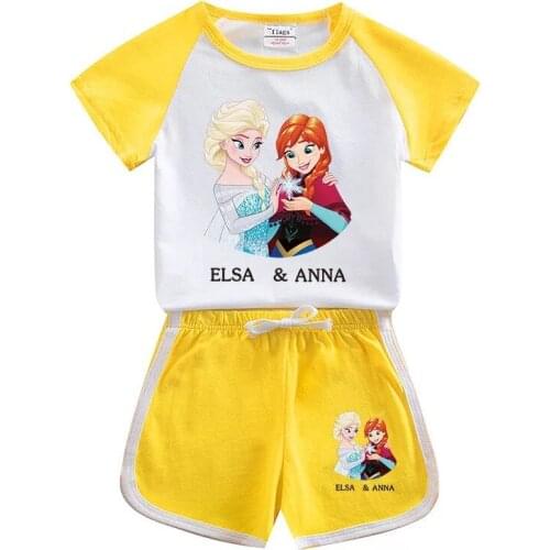 Summer Baby Girl Clothes Cartoon Disney Frozen Elsa Anna Print T-Shirt+Pants Toddler Kids Outfits Children Casual Clothing Suit